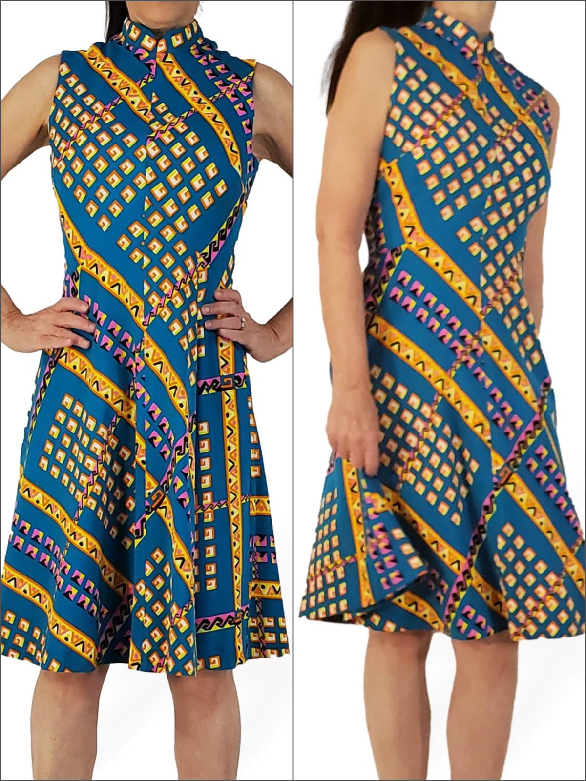 70s Sleeveless A-line Dress in Bright Op Art Print on Teal - sm, med Better Dresses Vintage 70s Sleeveless A-line Dress in Bright Op Art Print on Teal - sm, med Better Dresses Vintage