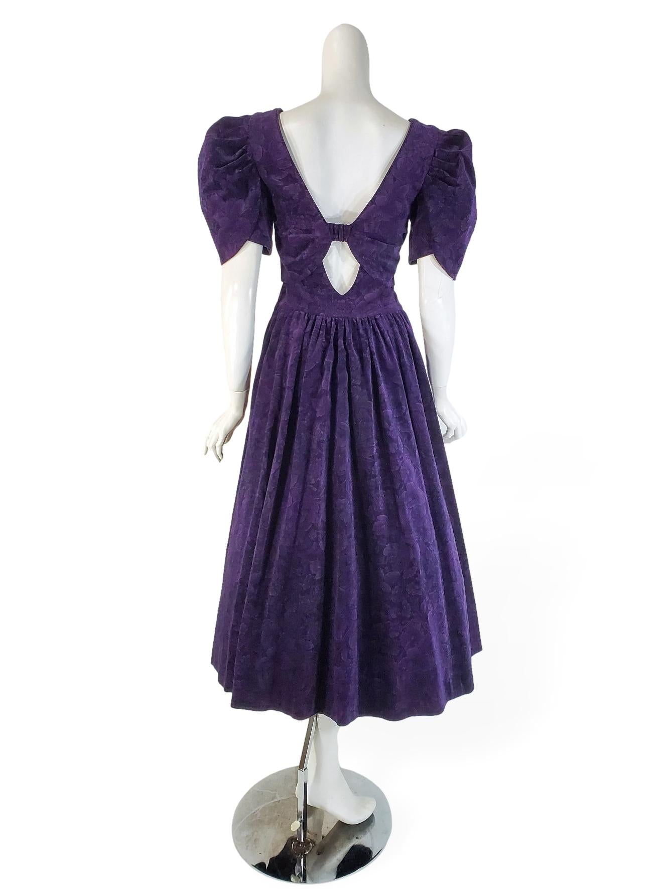 80s Laura Ashley Purple and Black Cotton Velvet Party Dress