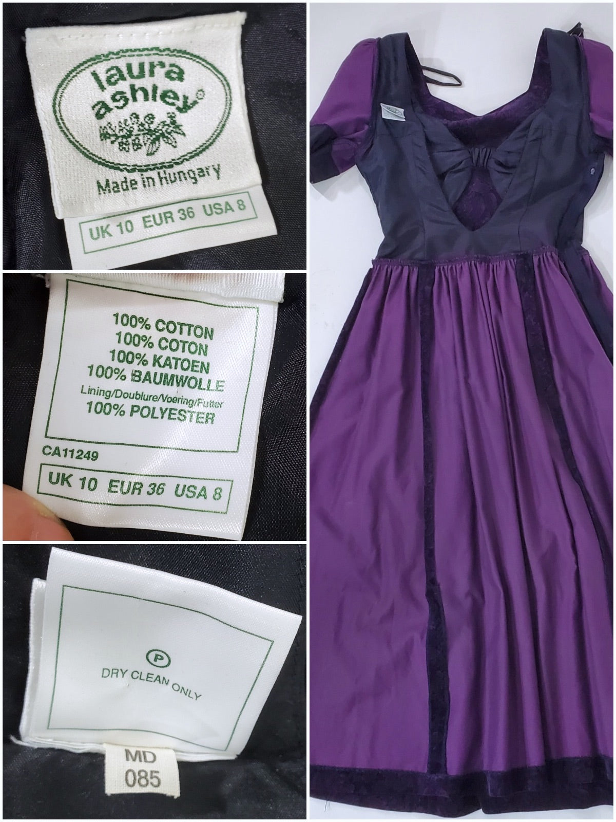80s Laura Ashley Purple and Black Cotton Velvet Party Dress