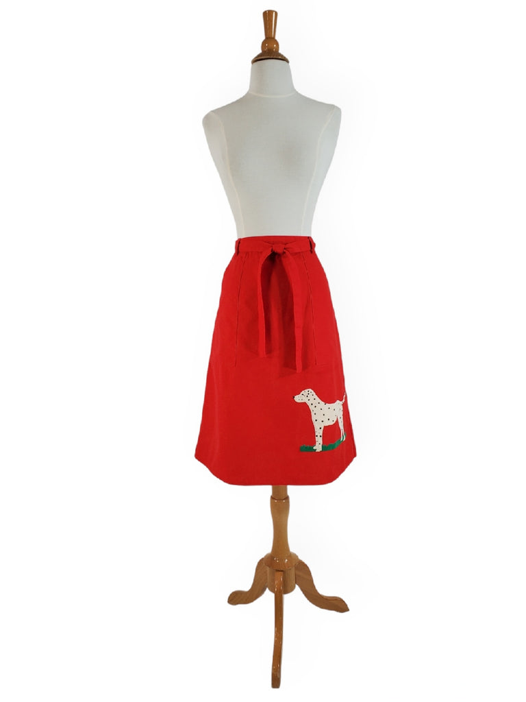 70s Wrap Skirt in Red Twill With Dog Applique