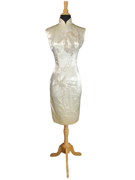 50s Cream Silk Dragon and Phoenix Cheongsam