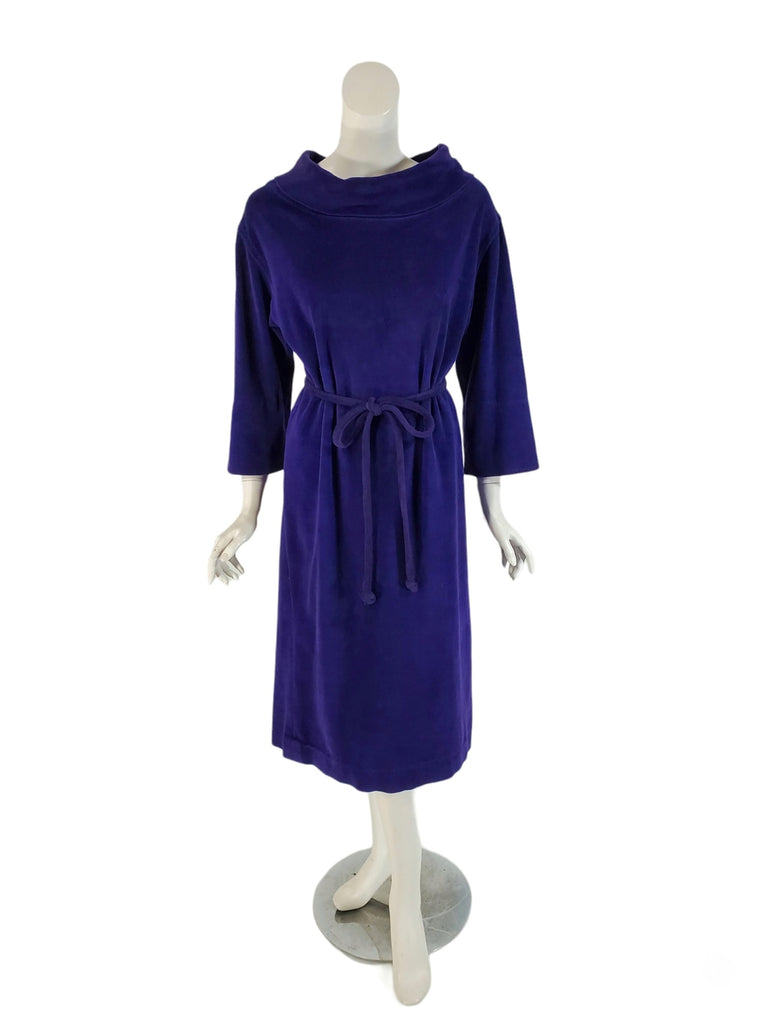 1970s Purple Velour Turtleneck Shift Dress