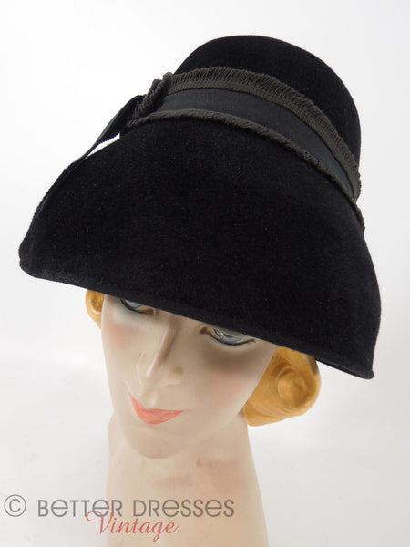 50s Black Fur Felt Mushroom Hat - front