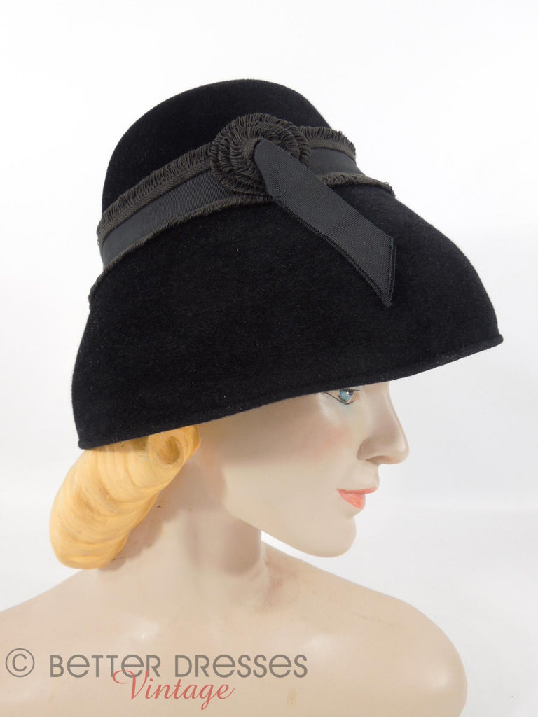 50s Black Fur Felt Mushroom Hat - Side