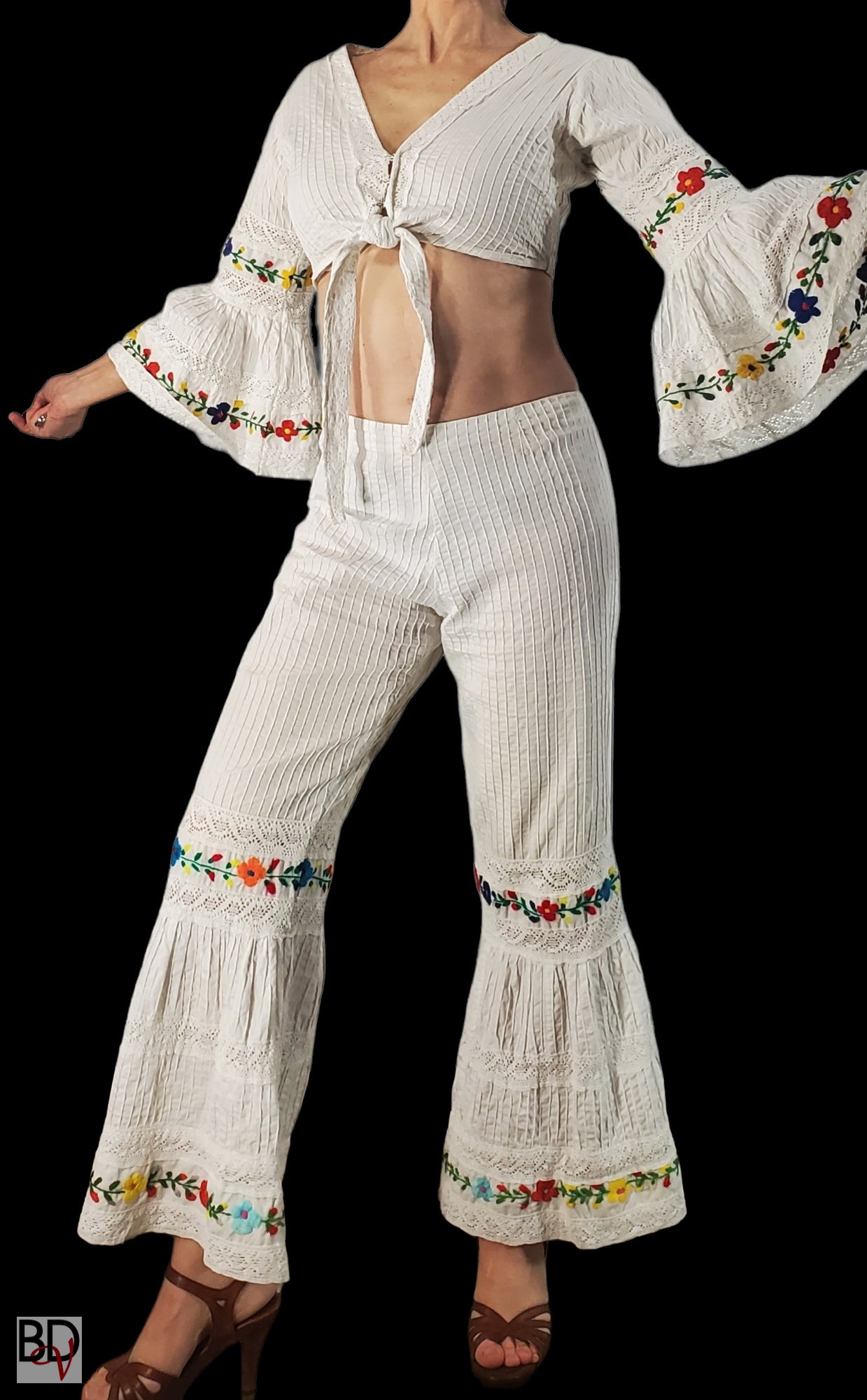 60s/70s Mexican Embroidered Crop Top and Bell-Bottom Pants Set