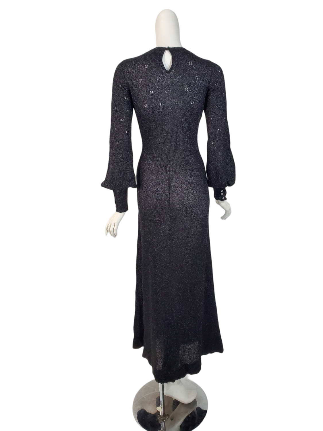 60s/70s Black Metallic Pointelle Knit Maxi Dress - sm, med 60s/70s Black Metallic Pointelle Knit Maxi Dress - sm, med