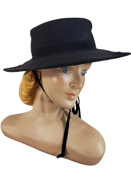 40s straw boater hat in navy blue
