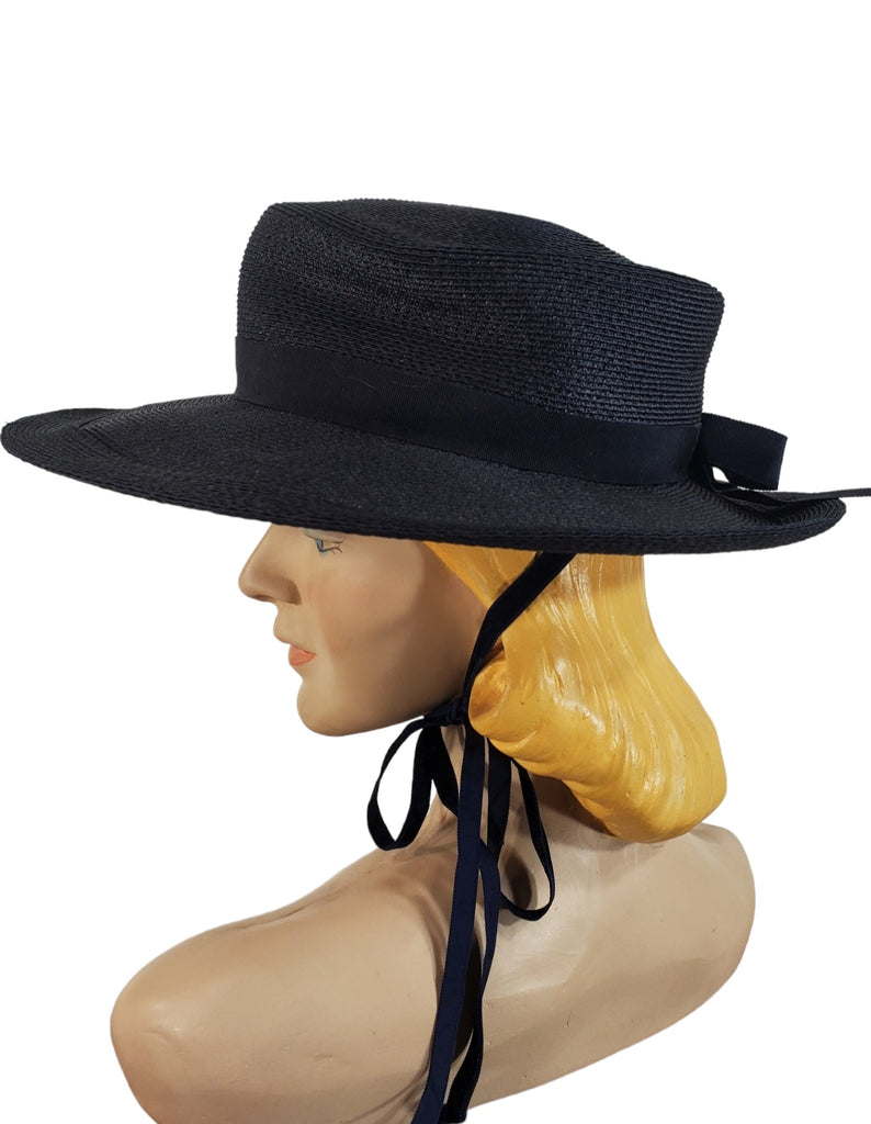 40s Straw Boater in navy blue