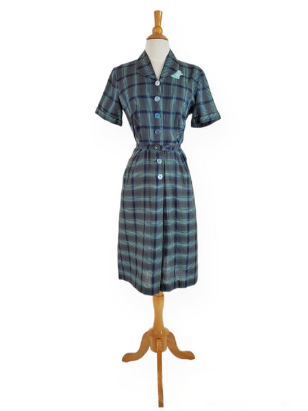 40s Blue Plaid Shirtwaist Dress