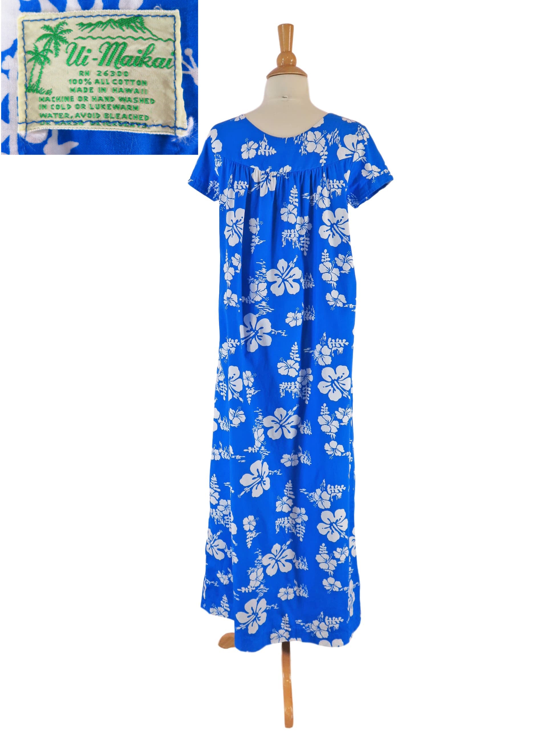 70s Blue Cotton Hawaiian Dress Mu u Mu u sm med Better Dresses Vintage