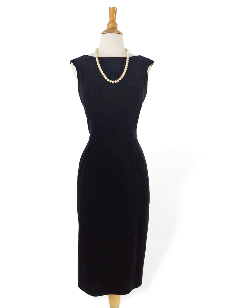 50s Black Velvet Wiggle Dress - Front