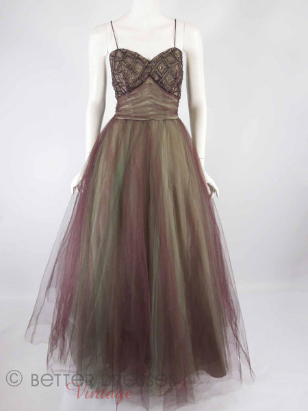 40s/50s Purple + Green Tulle Ball Gown - full view